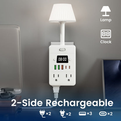 Power Strip 9-in-1 Desktop Station with LED Lamp, Digital Clock, 4 AC Outlets, 3 USB-A and 2 USB-C Ports