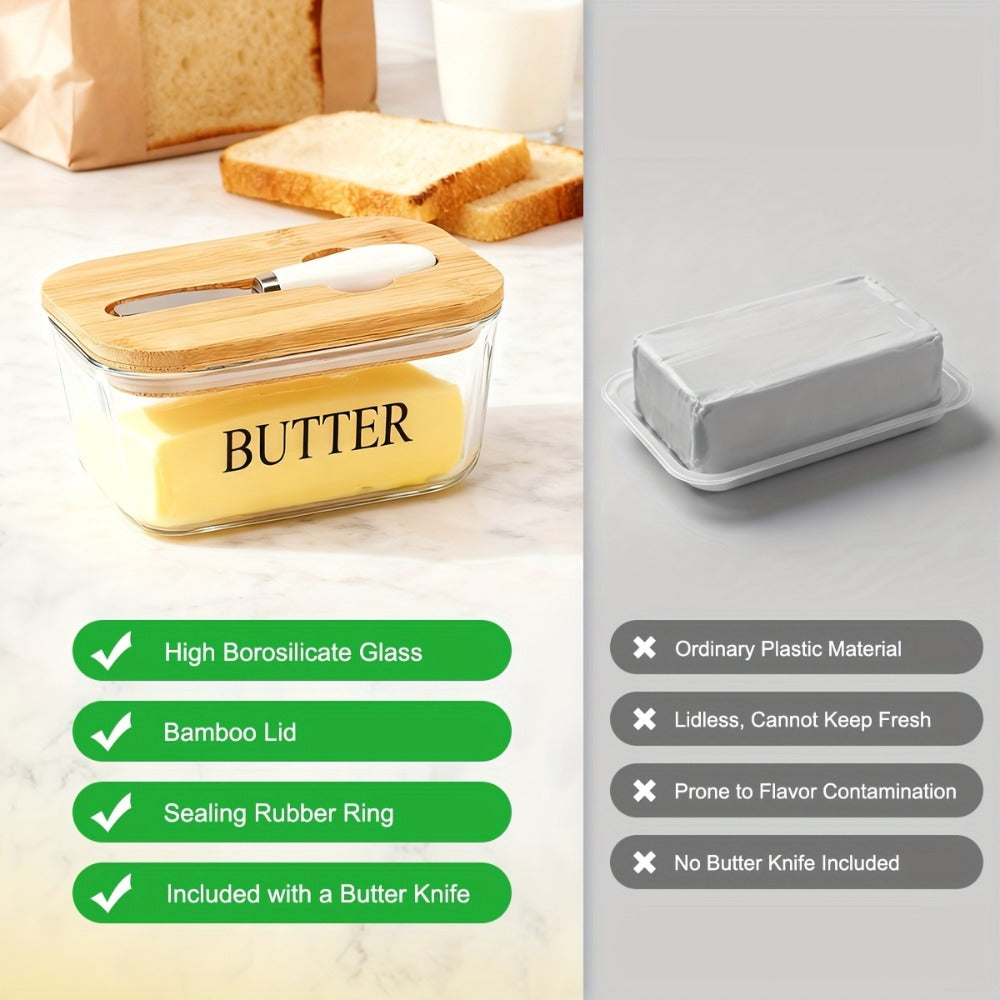 Transparent 1 lb Glass Butter Dish with Bamboo Lid, White-Handle Knife and Rectangular Food Container