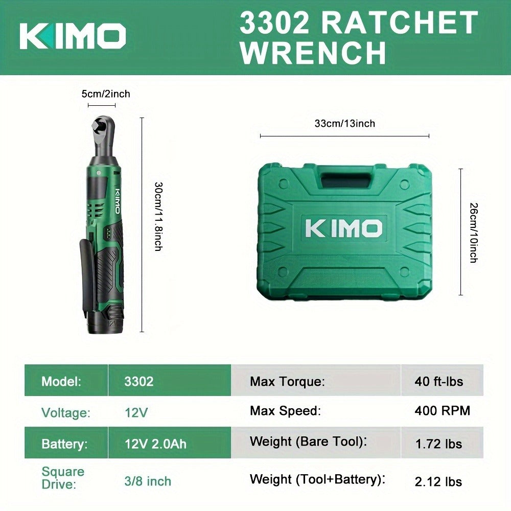 Power Tools KIMO 12V 3/8 Inch Cordless Ratchet Wrench with 40 ft-lb Torque, 400 RPM and Socket Set