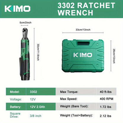 Power Tools KIMO 12V 3/8 Inch Cordless Ratchet Wrench with 40 ft-lb Torque, 400 RPM and Socket Set