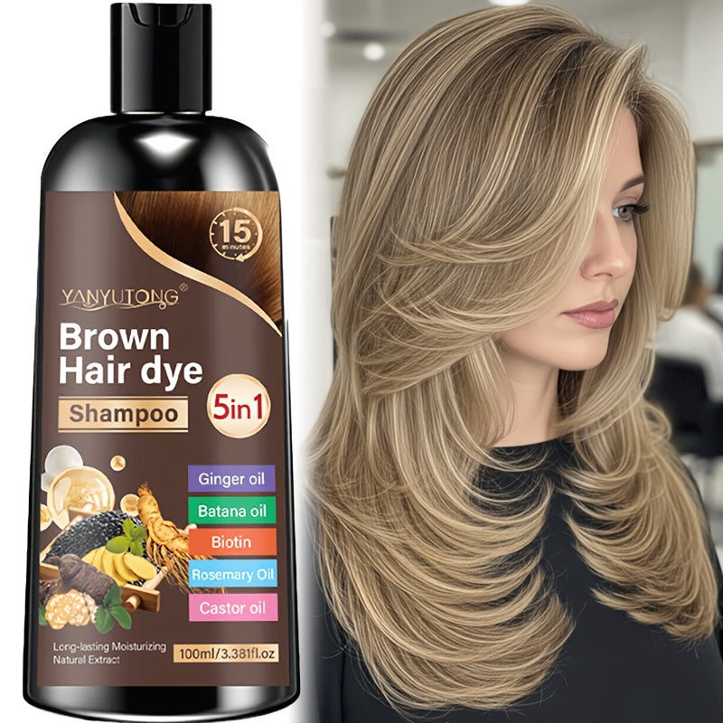 Gray Coverage Hair Dye Shampoo 5-in-1 with Ginger Oil Biotin Rosemary Castor Oil | Gentle Color Shampoo for Black Brown Chestnut Brown | No Mix Quick Application Men & Women