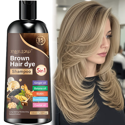 Gray Coverage Hair Dye Shampoo 5-in-1 with Ginger Oil Biotin Rosemary Castor Oil | Gentle Color Shampoo for Black Brown Chestnut Brown | No Mix Quick Application Men & Women