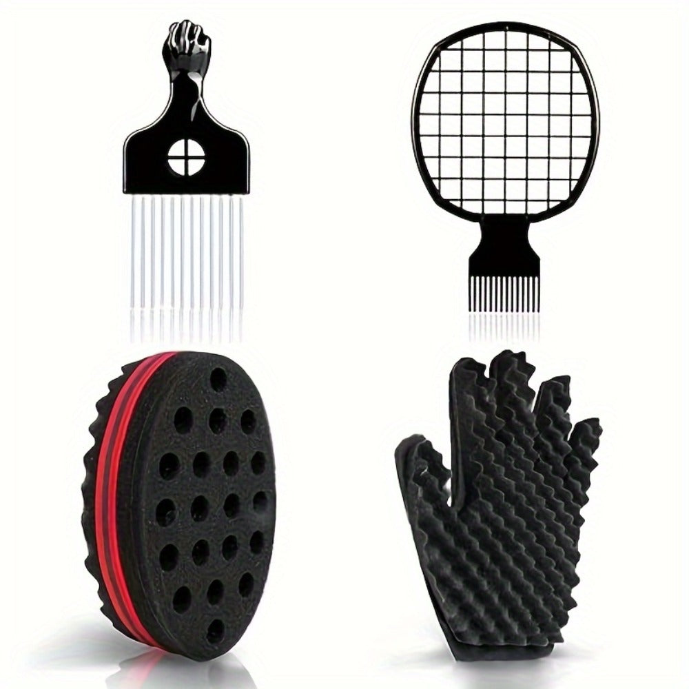Hair Accessories Four-Piece Curling Sponge Kit with Styling Glove, Metal Pick and Twist Comb