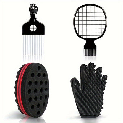 Hair Accessories Four-Piece Curling Sponge Kit with Styling Glove, Metal Pick and Twist Comb
