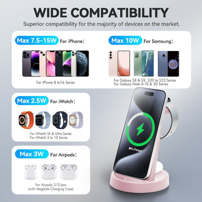 3-in-1 Wireless Charging Dock Multi-Color Fast Charge for iPhone 17 16 15 14 13 12 11 Pro Max, Apple Watch Ultra 2 Series 10 9 8 7 6 SE, AirPods 4 3 2 Pro & Samsung Galaxy – Black Blue Pink U1 U2