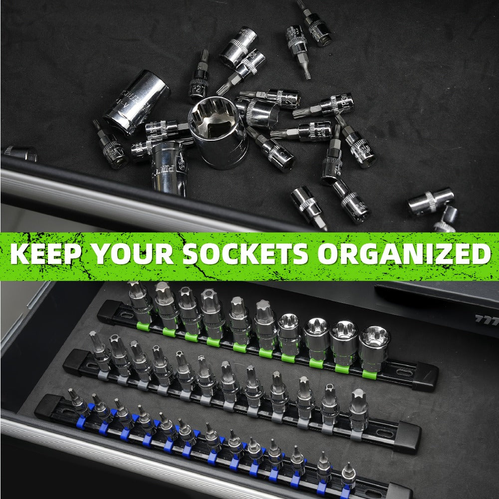 Socket Organizer Set with Rails – Heavy Duty ABS Socket Holder Rack for 1/4", 3/8" & 1/2" Drive – Tool Storage Kit for Toolbox, Garage & Workshop Organization (6, 9 or 18 Piece)