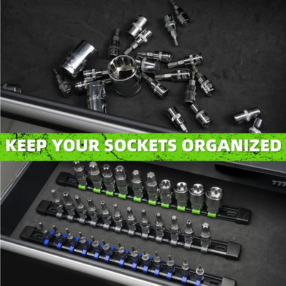 Socket Organizer Set with Rails – Heavy Duty ABS Socket Holder Rack for 1/4", 3/8" & 1/2" Drive – Tool Storage Kit for Toolbox, Garage & Workshop Organization (6, 9 or 18 Piece)