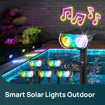 Solar Outdoor Spotlights RGB Smart Color Changing – App & Voice Control, Music Sync, 16M Colors, 14H Battery, Waterproof Landscape Accent Lights | 4 & 6 Pack