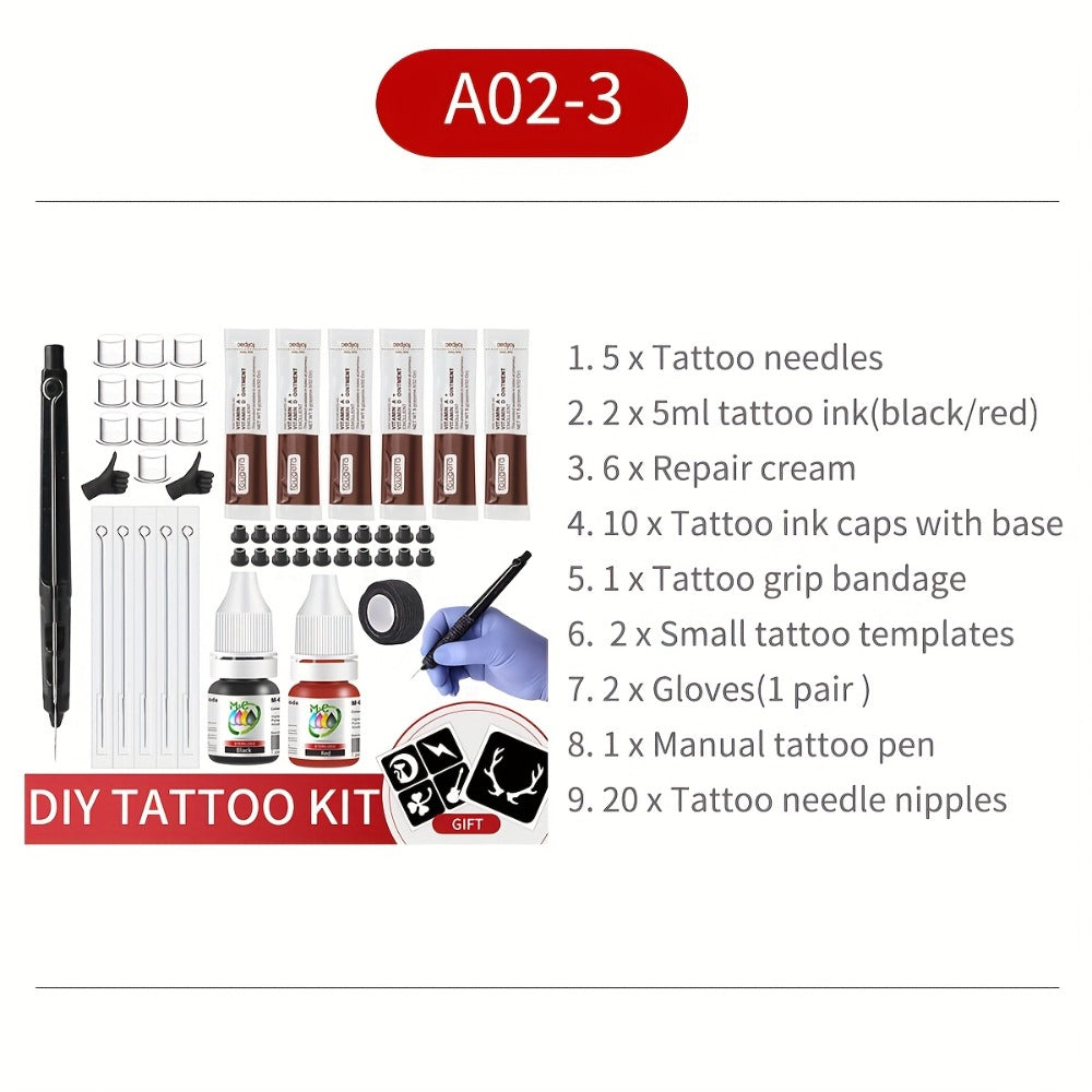 Manual Hand-Poke Tattoo Kit A02-3 with 14.3cm Pen Holder, Five Needles, Two Bottles and Transfer Accessories