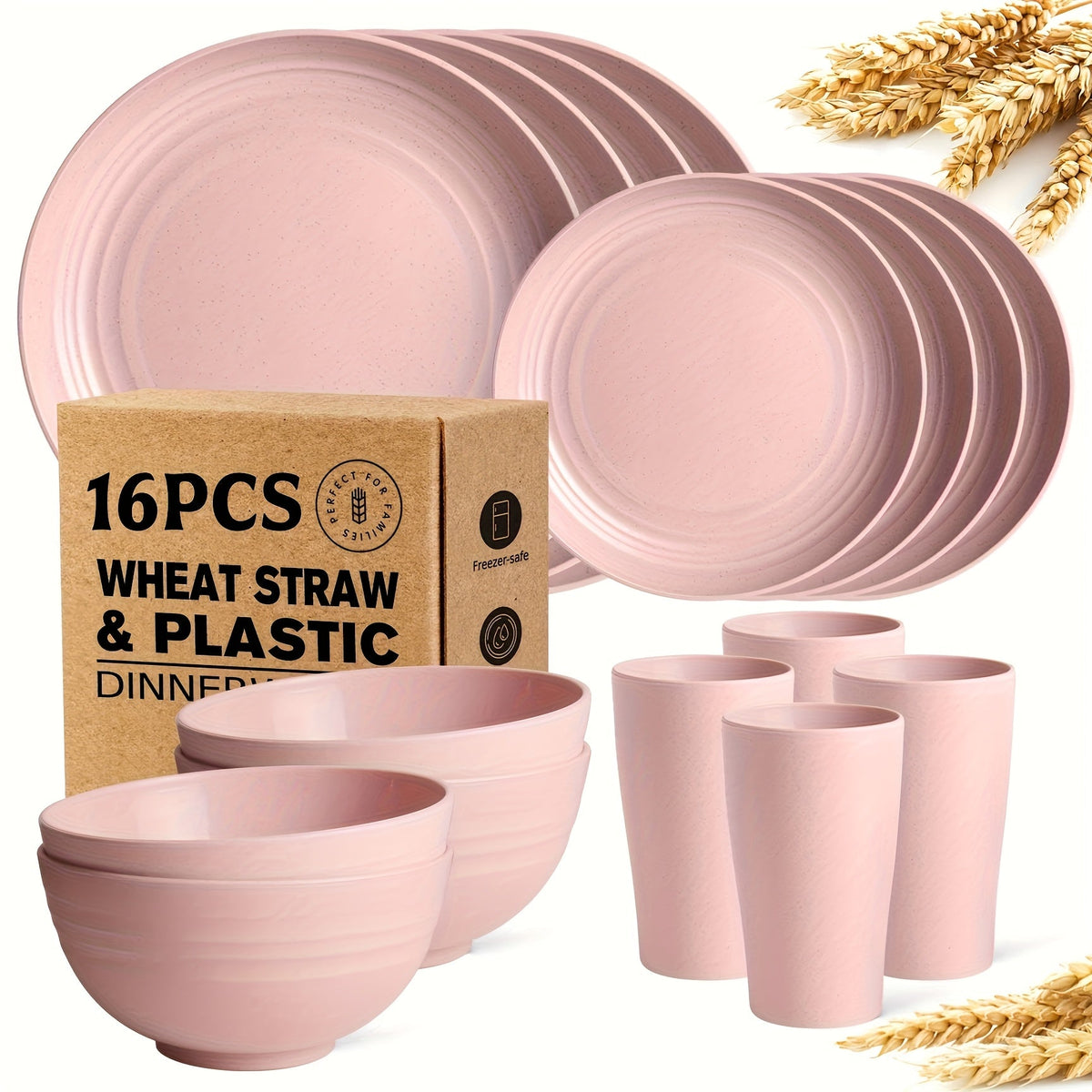 Wheat Straw Dinnerware Set 16 or 32 Piece – Plates & Bowls for 4 or 8 People, Microwave & Dishwasher Safe Plastic Dish Set, Lightweight Colorful Tableware for Home, Party & Holiday