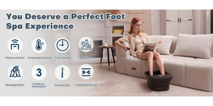 Collapsible Foot Spa Bath with Heat, Bubbles, Remote Temperature Control and Three Attachments