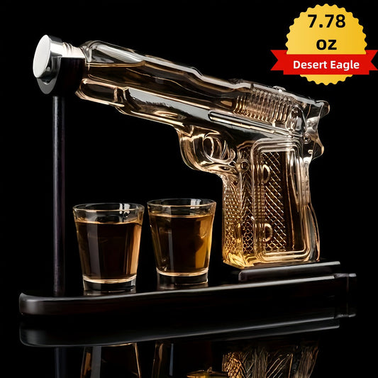 Whiskey Gun Decanter Set 10oz with 2 Bullet Shot Glasses & Wooden Stand, Handgun Shaped Liquor Decanter for Home Bar, Unique Novelty Gift for Men, Dad, Birthday & Valentine's Day
