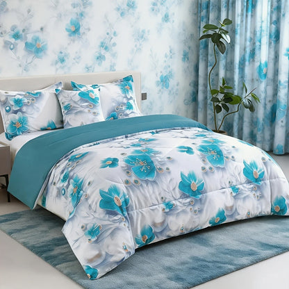 Teal Floral Comforter Set Twin Queen King Gradient Oil Painting Style Botanical Luxury Quilt Bedding Soft Microfiber All Season Bed in a Bag Gift