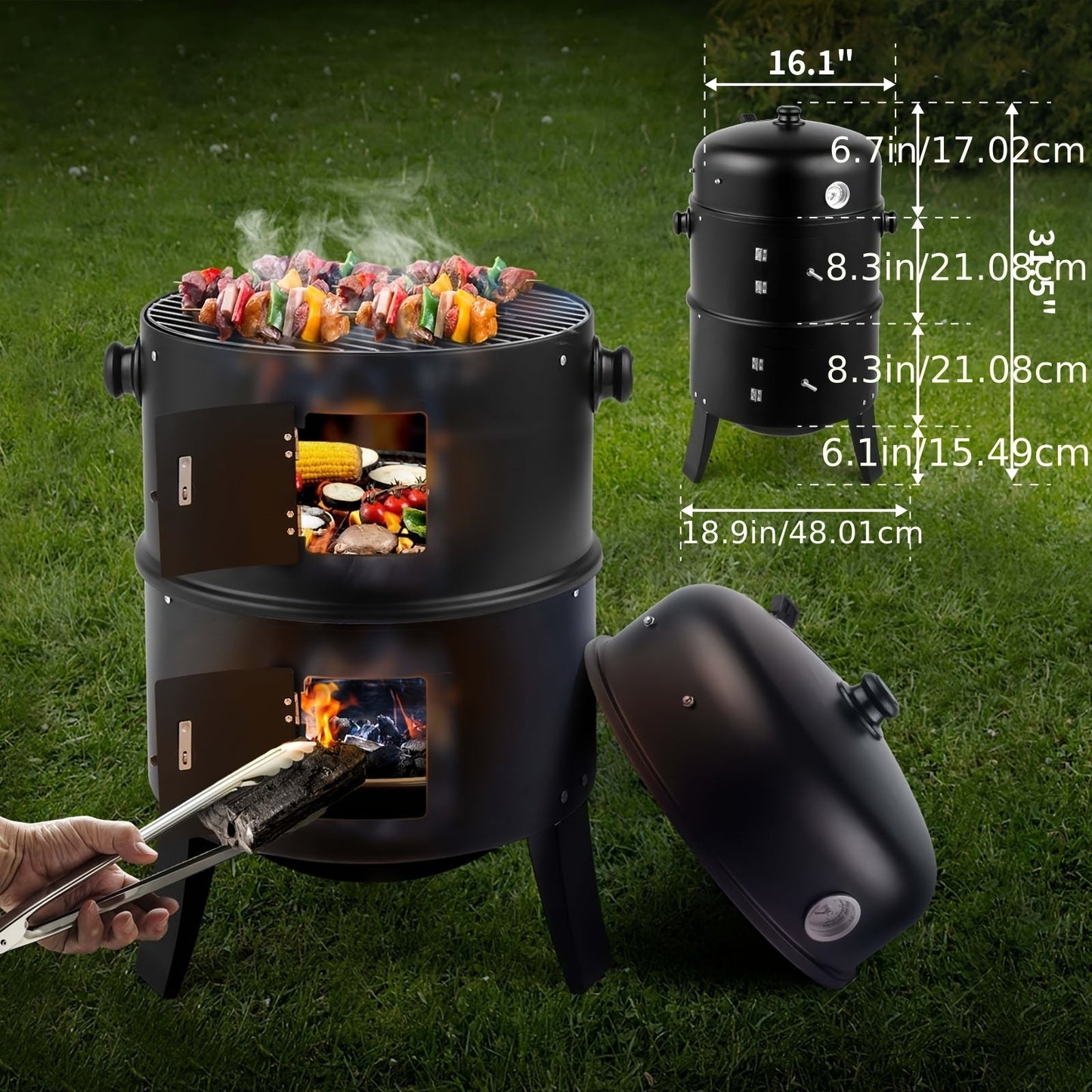 3-in-1 Barrel Charcoal Grill and Smoker with Two Access Doors, Top Vent, Thermometer and Upgrade Option