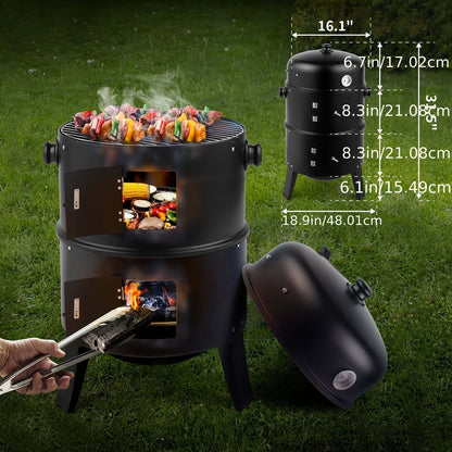 3-in-1 Barrel Charcoal Grill and Smoker with Two Access Doors, Top Vent, Thermometer and Upgrade Option