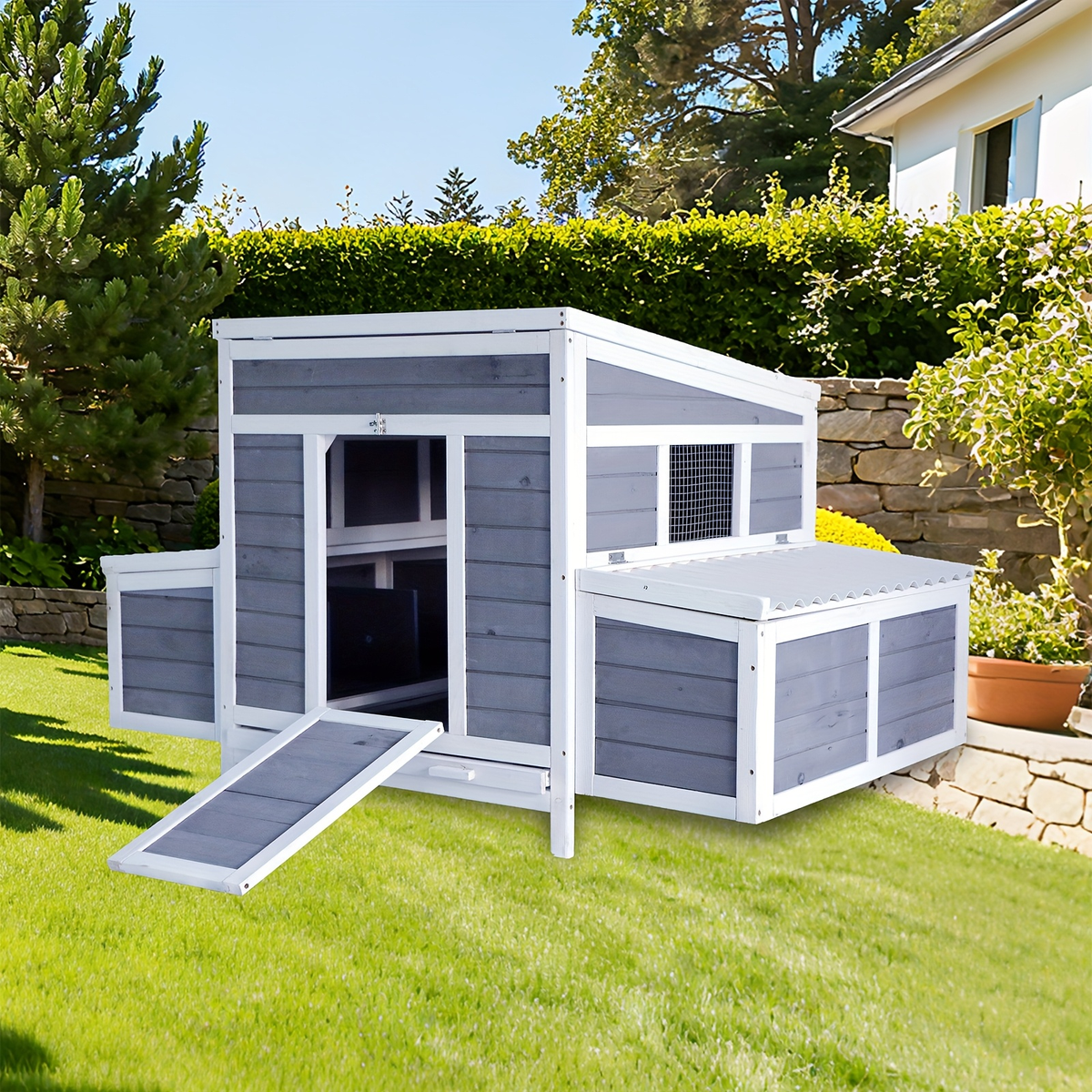 Wooden Chicken Coop with 2 Large Nesting Boxes for 4-6 Chickens, 59" Outdoor Hen House with PVC Roof