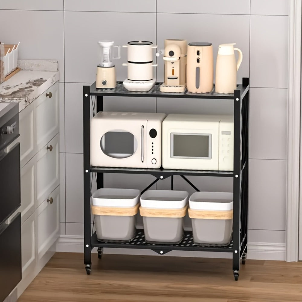 Three-Tier Foldable Storage Rack with Black Iron Shelves, Caster Wheels and 62cm-Wide Frame