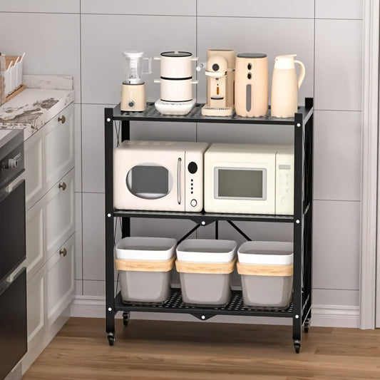 3 Tier Foldable Storage Rack with Wheels Heavy Duty Black Iron Shelving Unit for Garage Kitchen Pantry Utility Multi-Purpose Organizer