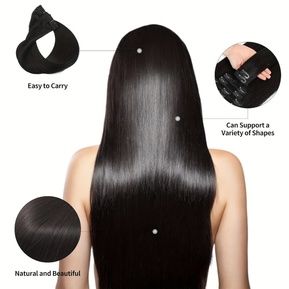 Clip In Hair Extensions Human Hair Straight Brazilian Natural Black 8 Pcs 18 Clips Unprocessed Full Head Set 12-24 Inch | Instant Length Volume Women