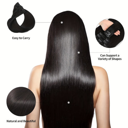 Clip In Hair Extensions Human Hair Straight Brazilian Natural Black 8 Pcs 18 Clips Unprocessed Full Head Set 12-24 Inch | Instant Length Volume Women