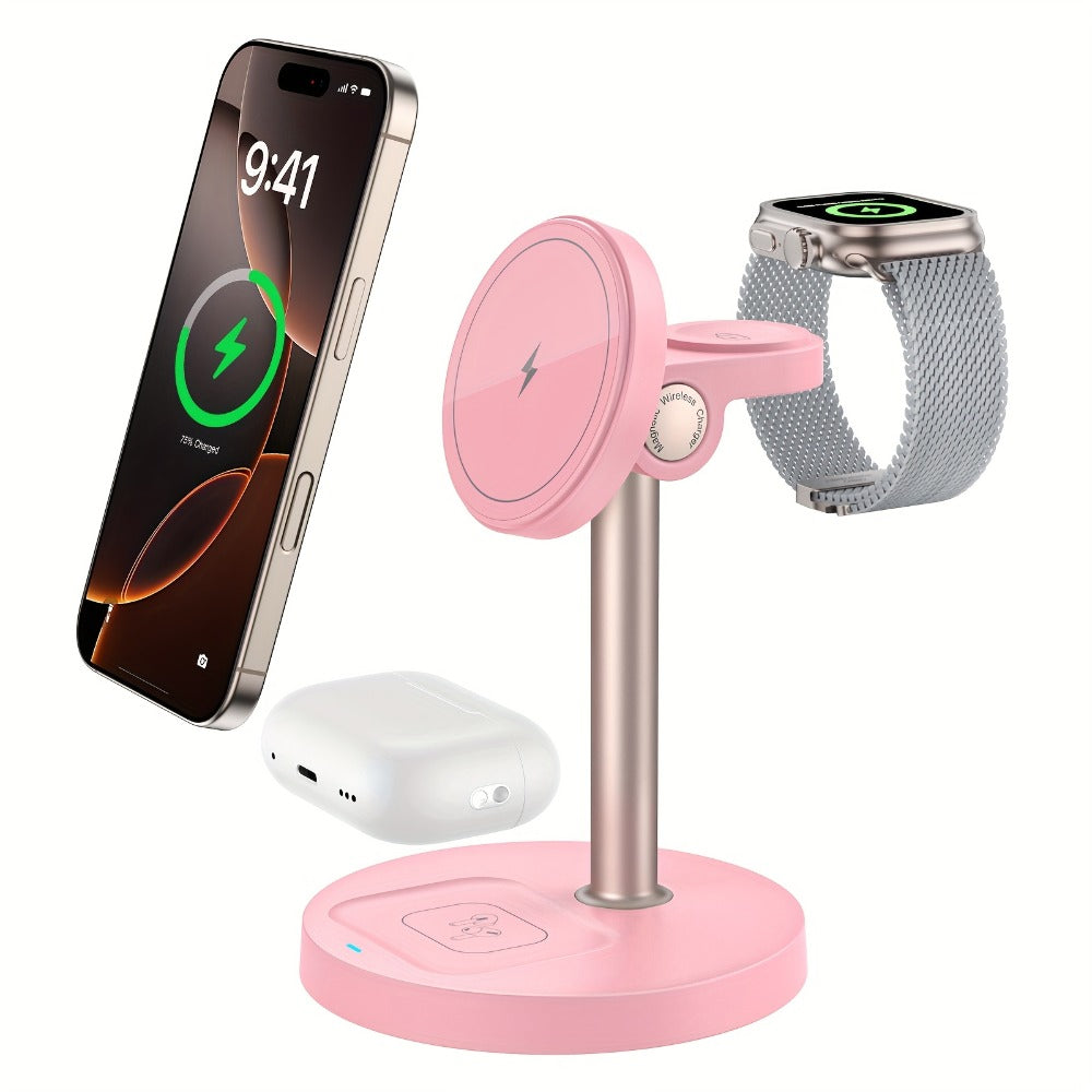 3-in-1 Wireless Charging Station 6 Colors Fast Qi Charger for iPhone 17/16/15/14/13/12, Apple Watch Ultra/Series 11/10/9/SE & AirPods 4/3/2 Pro – Anti-Slip Foreign Object Detection | Pink White Black Purple Green Blue