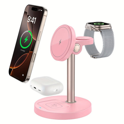 3-in-1 Wireless Charging Station 6 Colors Fast Qi Charger for iPhone 17/16/15/14/13/12, Apple Watch Ultra/Series 11/10/9/SE & AirPods 4/3/2 Pro – Anti-Slip Foreign Object Detection | Pink White Black Purple Green Blue