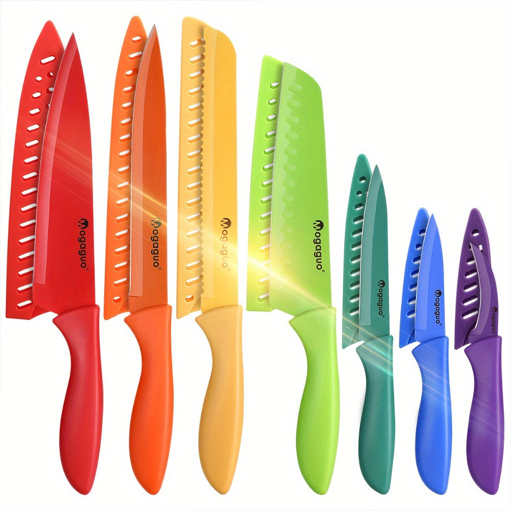 Kitchen Knife Set 14-Piece Rainbow Stainless Steel with Seven Knives and Seven Matching Blade Guards