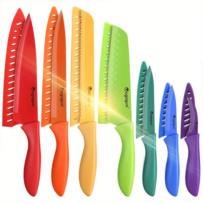 Kitchen Knife Set 14-Piece Rainbow Stainless Steel with Seven Knives and Seven Matching Blade Guards