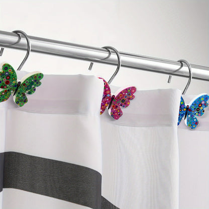 12-Piece Butterfly Shower Curtain Hook Set in Green, Blue or Multicolor Decorative Designs