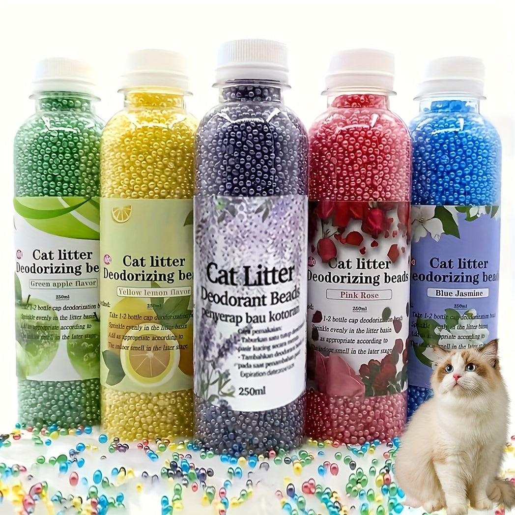 Flushable Cat Litter Deodorizer Beads 2-Pack - Dust-Free Odor Eliminator for Cat Litter Box, Mixed Absorbent Particles, Multiple Scents - Lavender Jasmine Lemon Green Rose, Easy Toilet Disposal