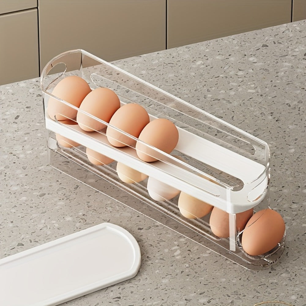 White Double-Layer Rolling Egg Dispenser with 38.2 cm Length for Refrigerator Shelf Storage