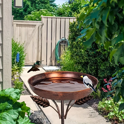 Garden Bird Station Options with 87.99-Inch Four-Hook Pole, Round Feeder or Leaf-Accent Bath