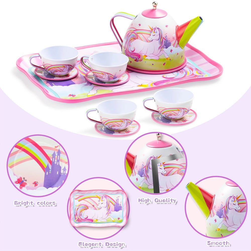 Pink Unicorn Tin Tea Set in Carry Case with Teapot, Four Cups, Four Saucers and Five Plates
