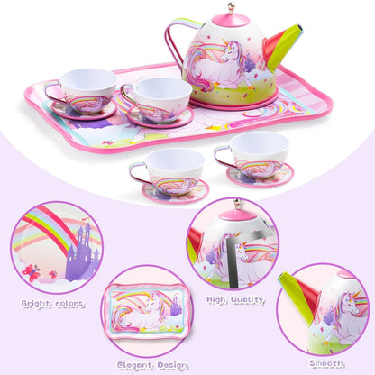 Pink Unicorn Tin Tea Set in Carry Case with Teapot, Four Cups, Four Saucers and Five Plates