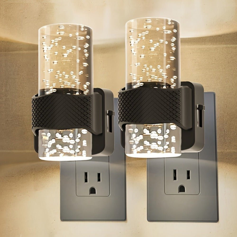 Two-Pack 3000K Plug-In Night Lights with Bubble-Pattern Shades, Light Sensors and Black or White Bases