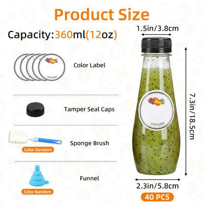 40pcs 12oz Empty Plastic Juice Bottles with Caps Bulk Reusable Clear Bottles for Juice Smoothies Tea Coffee 7.3x2.36in with Funnel & Brush