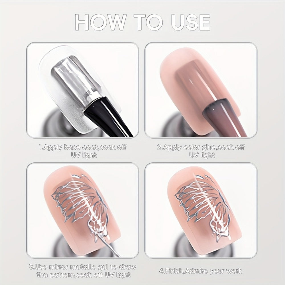 Mirror Metallic Silver Nail Art Gel in XEIJAYI Electroplating-Style Bottle with Cap-Mounted Detail Brush