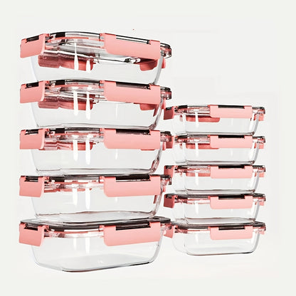 Food Storage Containers Ten-Piece Borosilicate Glass Set with Snap-Lock Lids in Pink, Black or Green