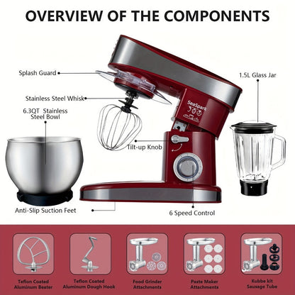 Stand Mixer 6-in-1 400W with 6.3QT Stainless Steel Bowl for Home Cooking, Dining and Outdoor Meals
