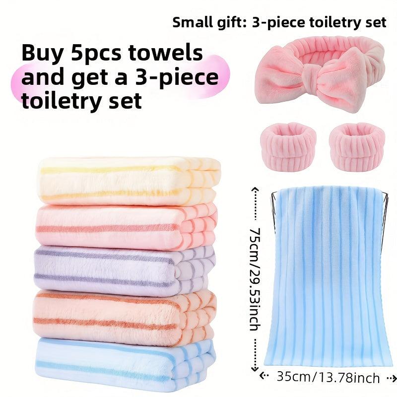 Towel Set 5-Pack 500GSM Coral Fleece Face Towels in Solid, Striped and Five-Color Options for Home and Guest Use