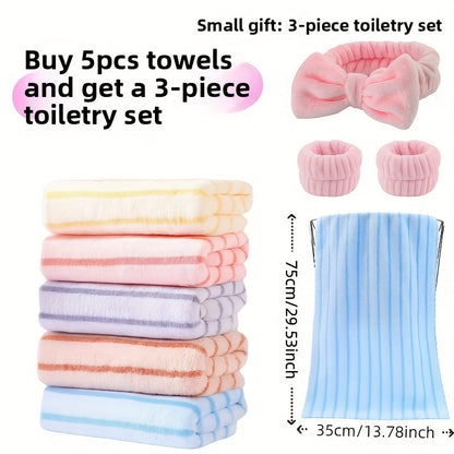 Towel Set 5-Pack 500GSM Coral Fleece Face Towels in Solid, Striped and Five-Color Options for Home and Guest Use