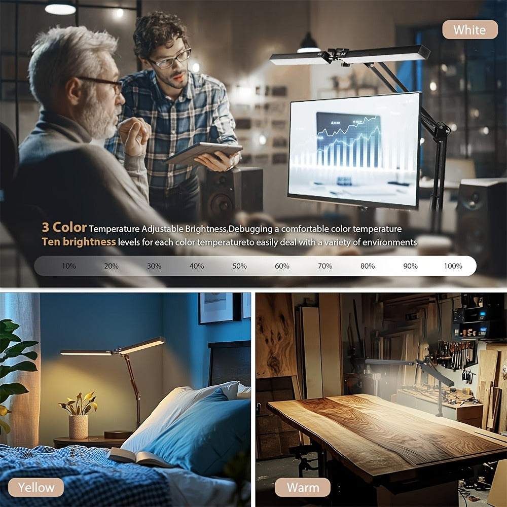 Dual-Head LED Desk Lamp with 28-Inch Light Bars, Clamp Base, USB Controller and Three Color Modes
