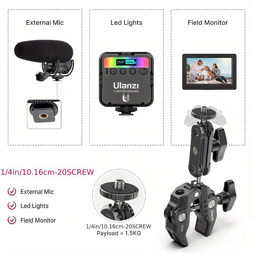 ULANZI Super Clamp 360° Ballhead Magic Arm Double Ball Head Camera Mount with 1/4"-20 & 3/8"-16 Thread for Canon Nikon DSLR, Action Camera, LED Lights, DJI Ronin & Freefly MOVI