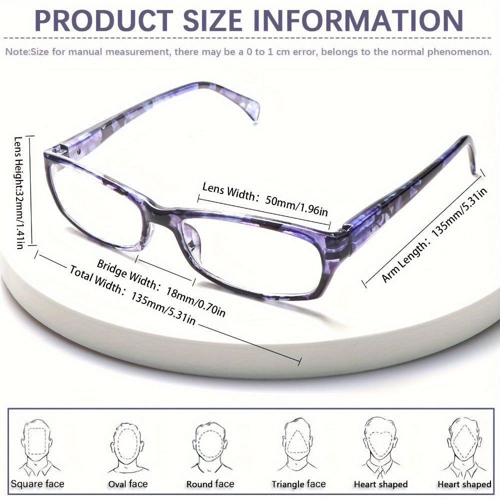 Reading Glasses – Five-Pair Rectangular Blue-Light Lens Set with Spring Hinges and Mixed Colors