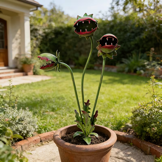 3D Metal Garden Sculpture Plaque – Scary Three-Head Flower Eating Monster Outdoor Lawn Decoration