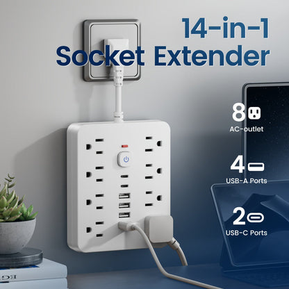 Power Strip Wall-Mount Outlet Extender with 10-in-1 or 14-in-1 Port Layout, USB-C and Master Switch