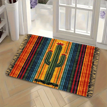 Mexican Cactus Flannel Area Rug Non-Slip Soft Absorbent Floor Mat for Indoor Entrance Kitchen Bathroom Bedroom Corridor Welcome Mat Colorful Stripes Boho Decor