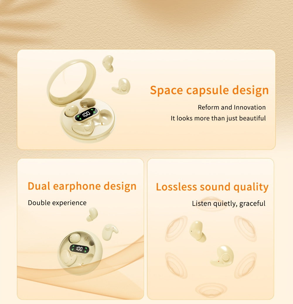 Invisible Sleep Wireless Earbuds 2 Pairs, Mini In-Ear Earphones HiFi Sound Noise Reduction Bass Touch Control Digital Display Long Battery Type-C, for Office Leisure Sport Sleep Men Women