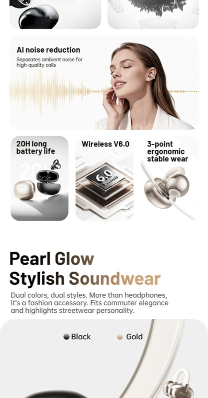 Philips TWS Ear Clip Sport Headset Hi-Fi Bass Stereo HD Calls Earhook Wireless Bluetooth for Music Gaming Business iOS Android Gift for Couples Valentine Black Gold