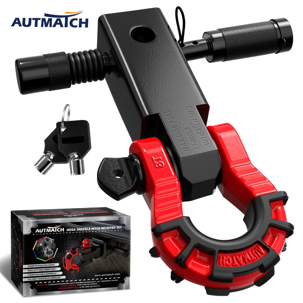 Shackle Hitch Receiver 2-Inch 68,000 lb Break Strength with 3/4" D-Ring & 5/8" Hitch Lock Pin – Heavy Duty Drop Forged Steel 8-Ton Vehicle Recovery Tow Hitch, Multi-Color